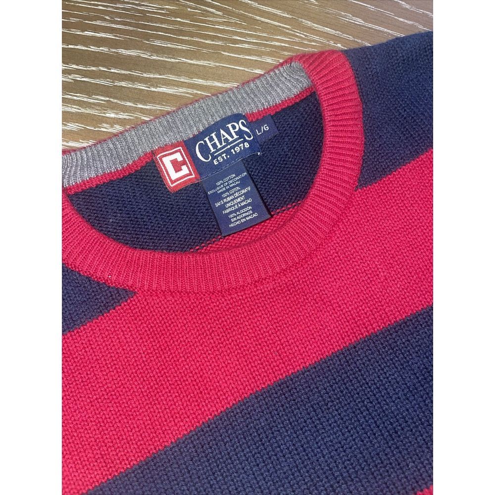 CHAPS LARGE 100% Cotton Crew Neck Striped Sweater Pullover Red/navy EXCELLENT‎